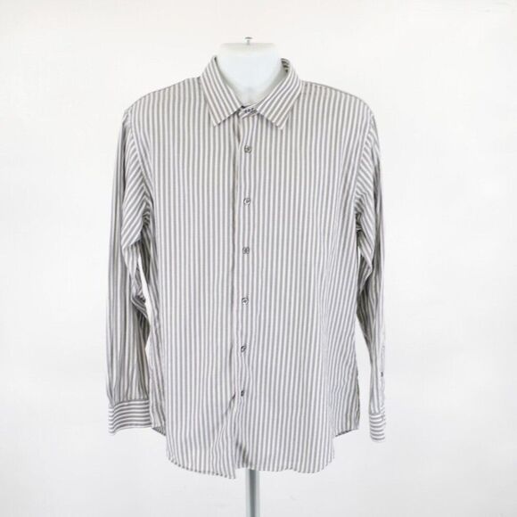 Apt. 9 Superfine 80% Cotton Gray White Striped‎ Large Collared Dress Shirt - Picture 4 of 10